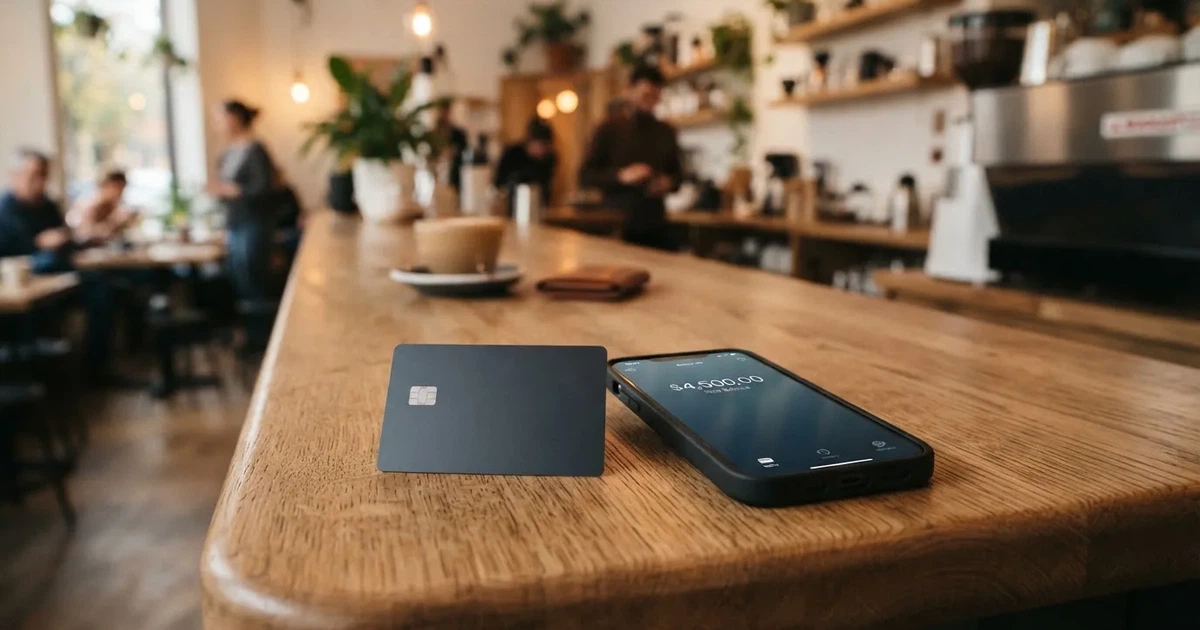 A payment card next to a phone with a crypto wallet app open