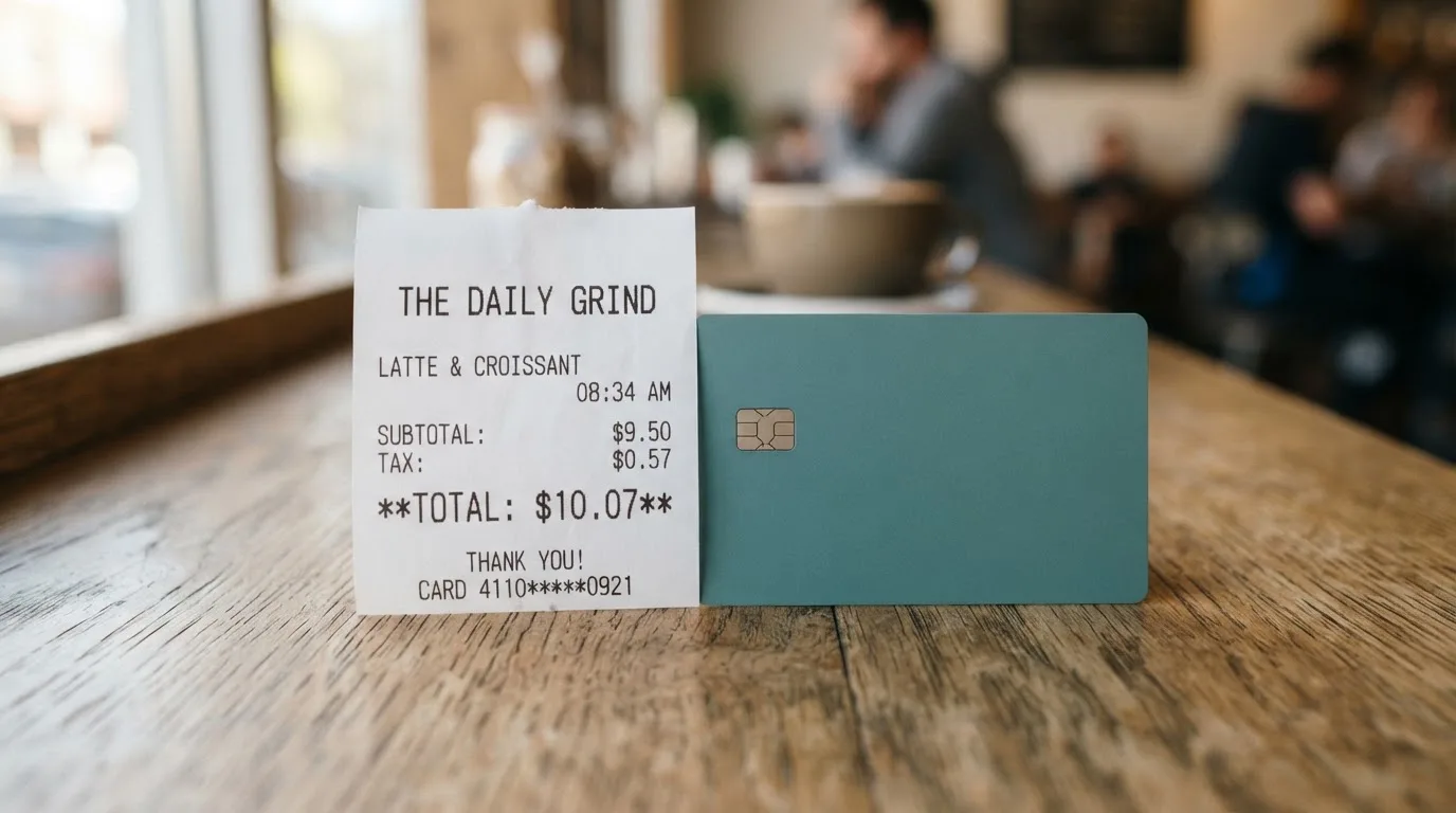 A receipt and a card on a café table
