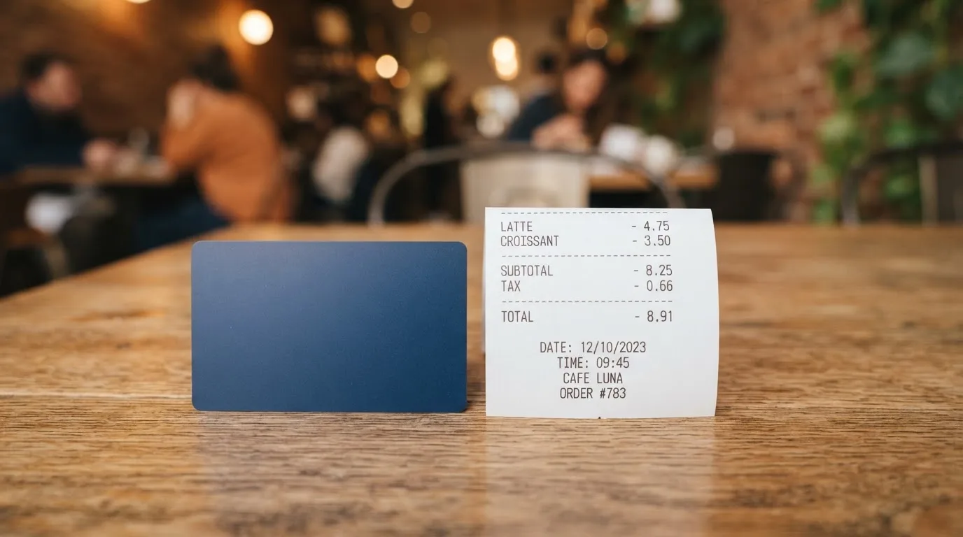 A receipt and a card on a café table
