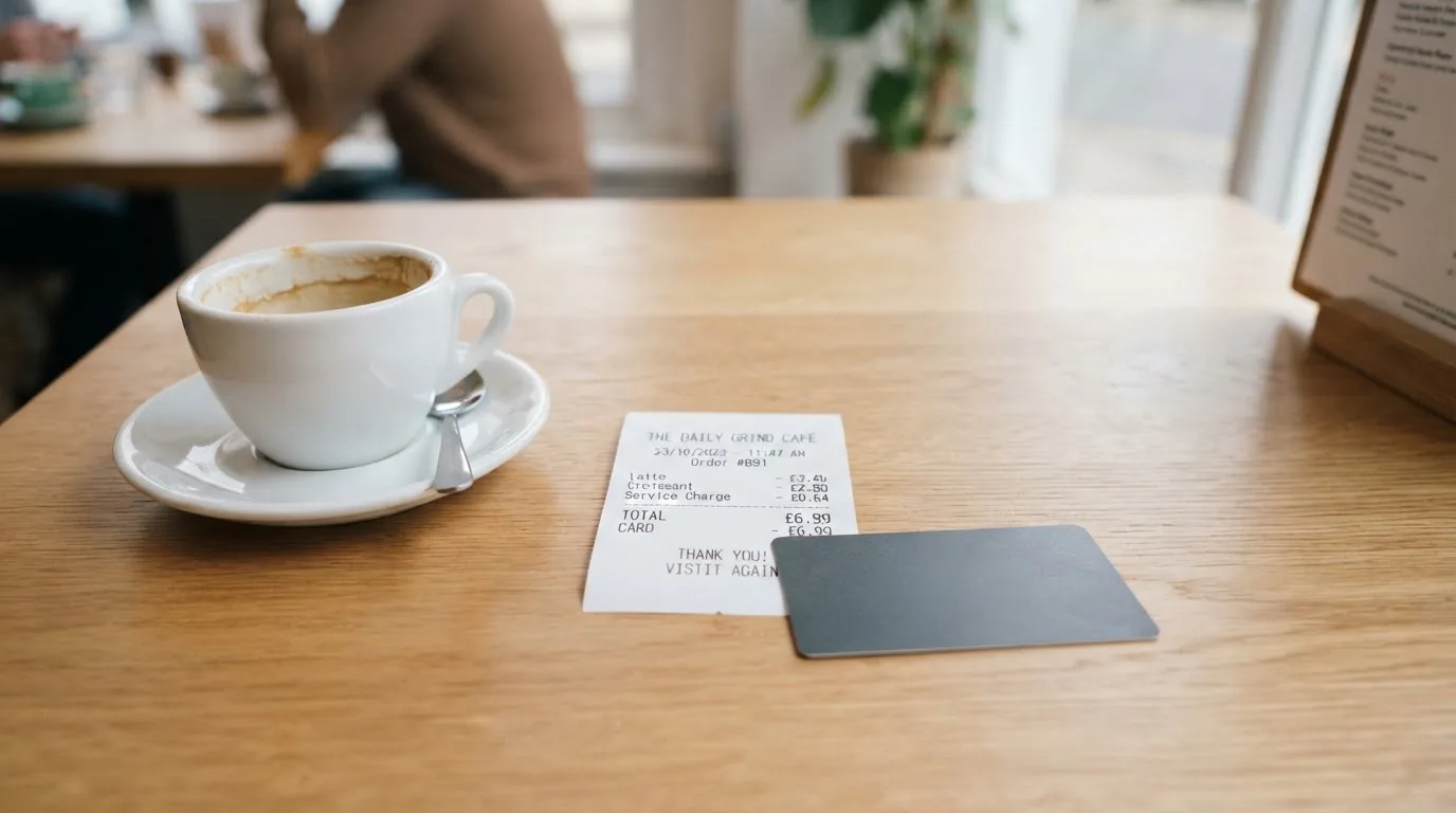 A receipt and a card on a café table