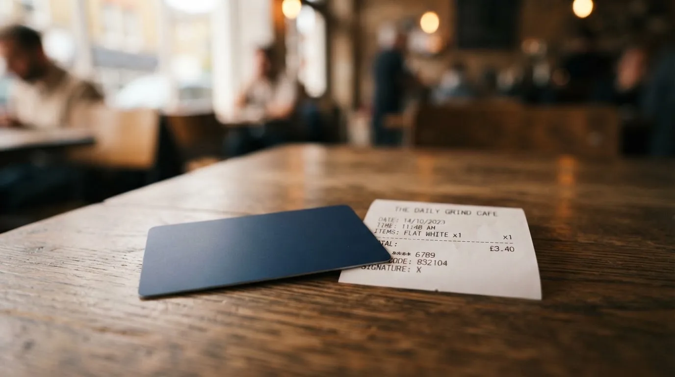A receipt and a card on a café table