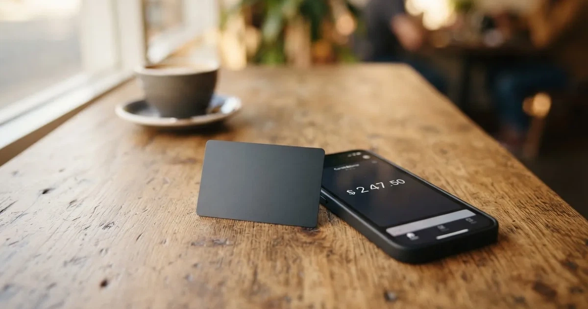 A payment card next to a phone with a crypto wallet app open