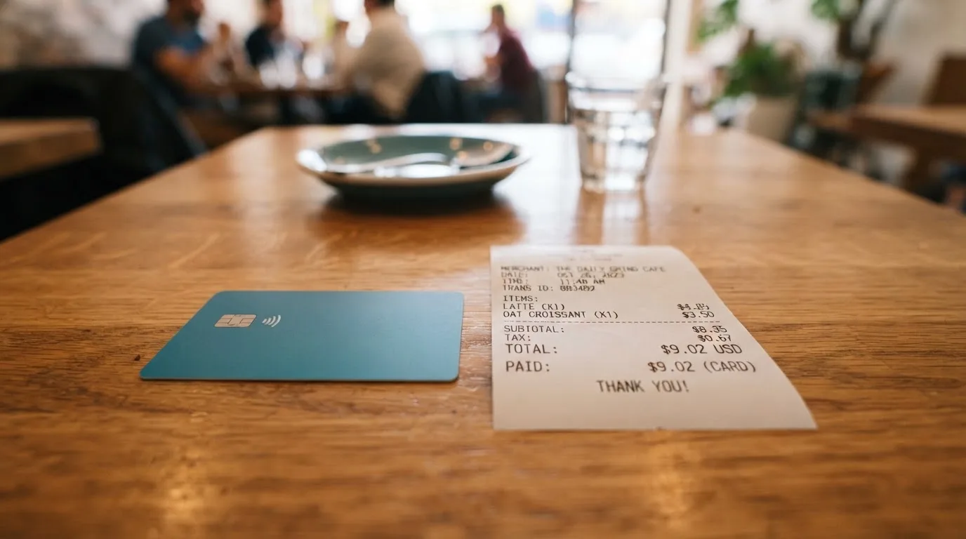 A receipt and a card on a café table