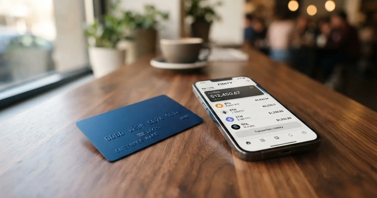 A payment card next to a phone with a crypto wallet app open