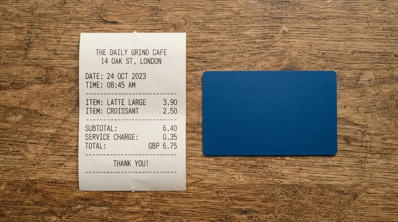A receipt and a card on a café table