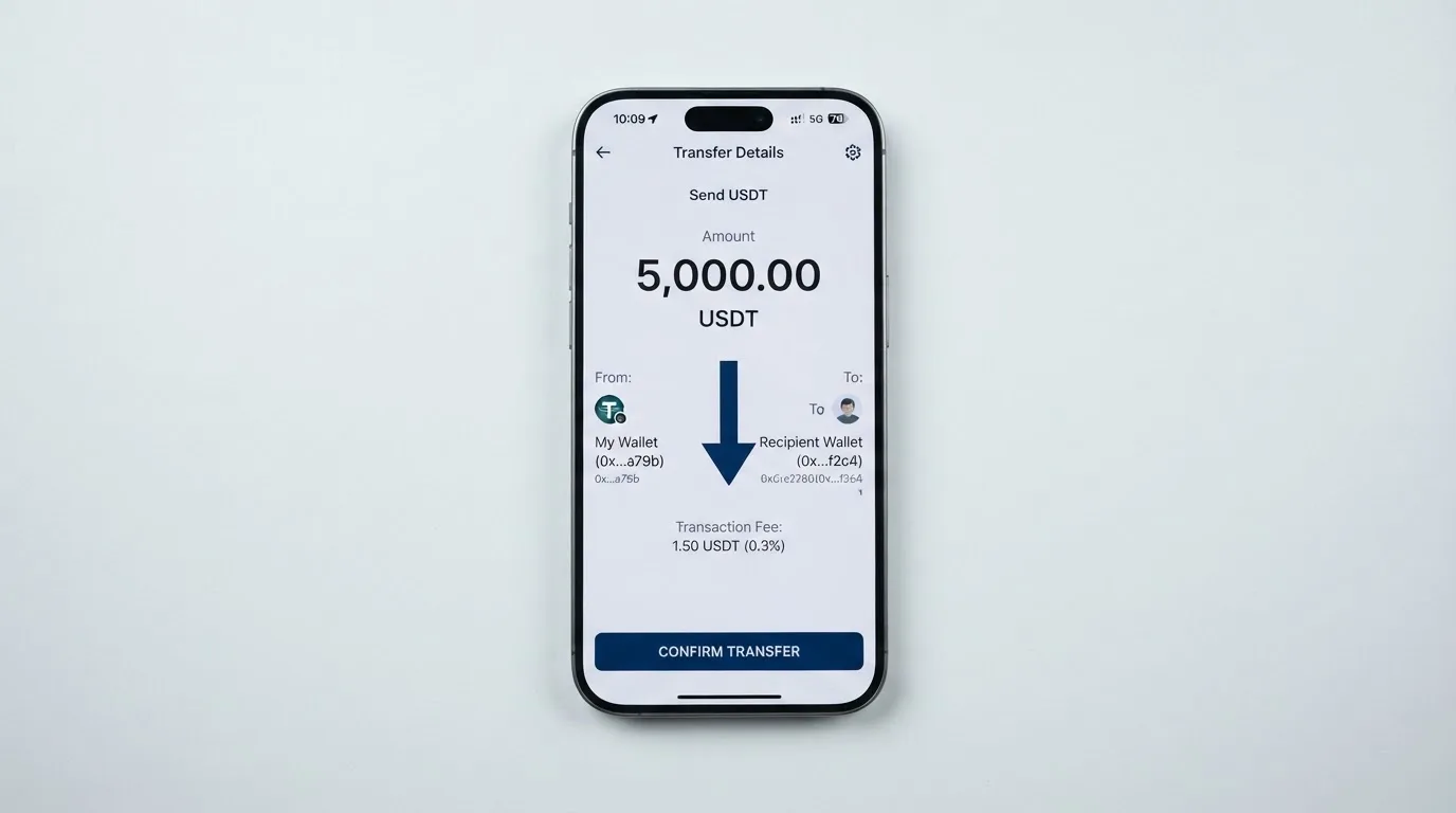 A phone showing a stablecoin transfer screen