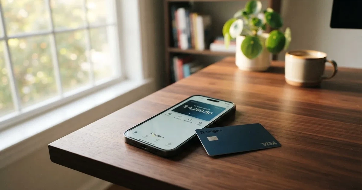 A payment card next to a phone with a crypto wallet app open