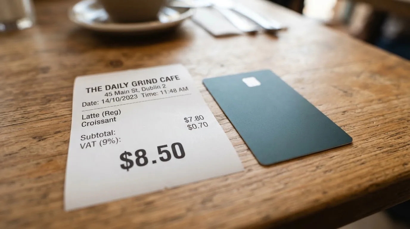 A receipt and a card on a café table