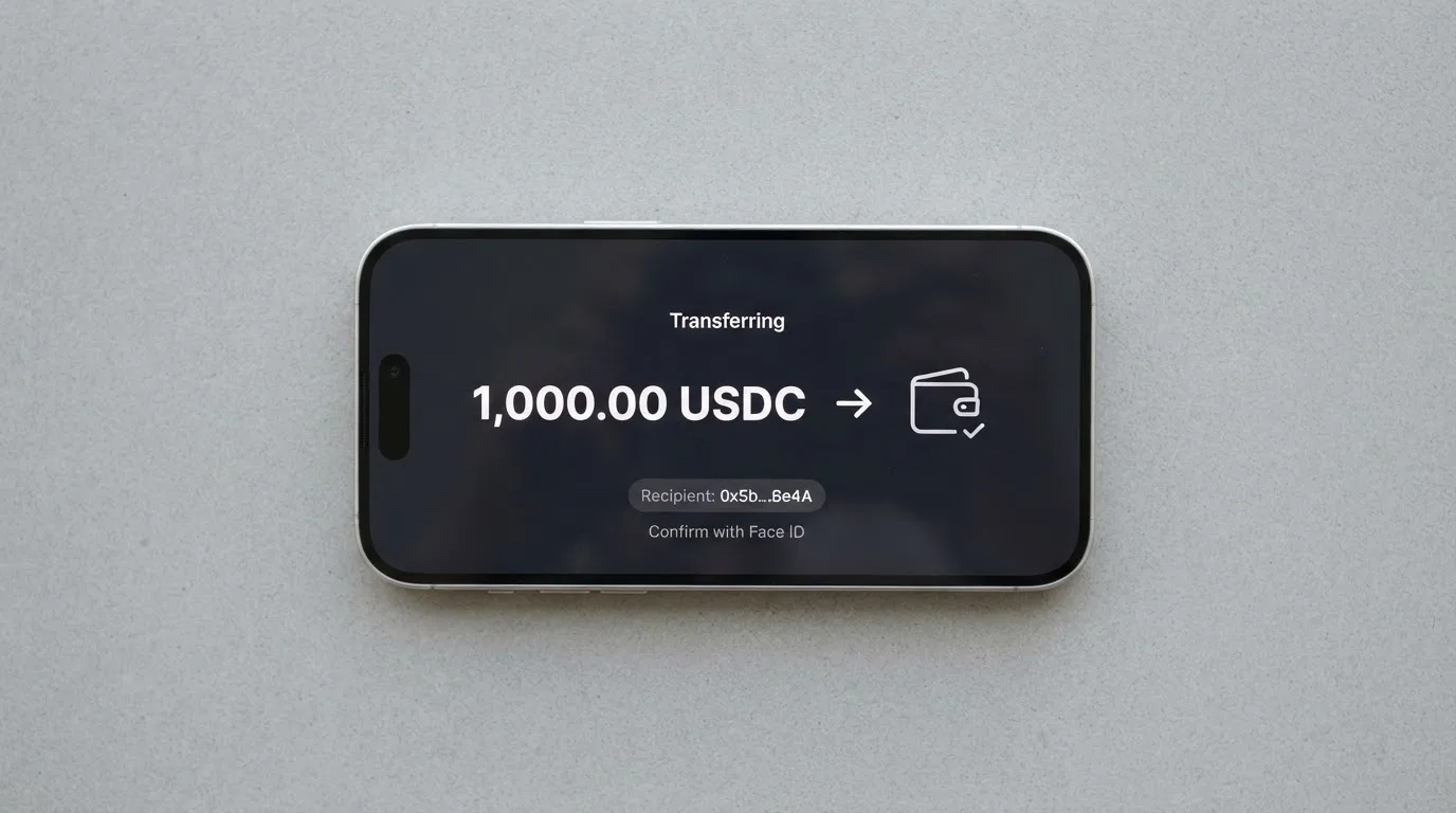 A phone showing a stablecoin transfer screen