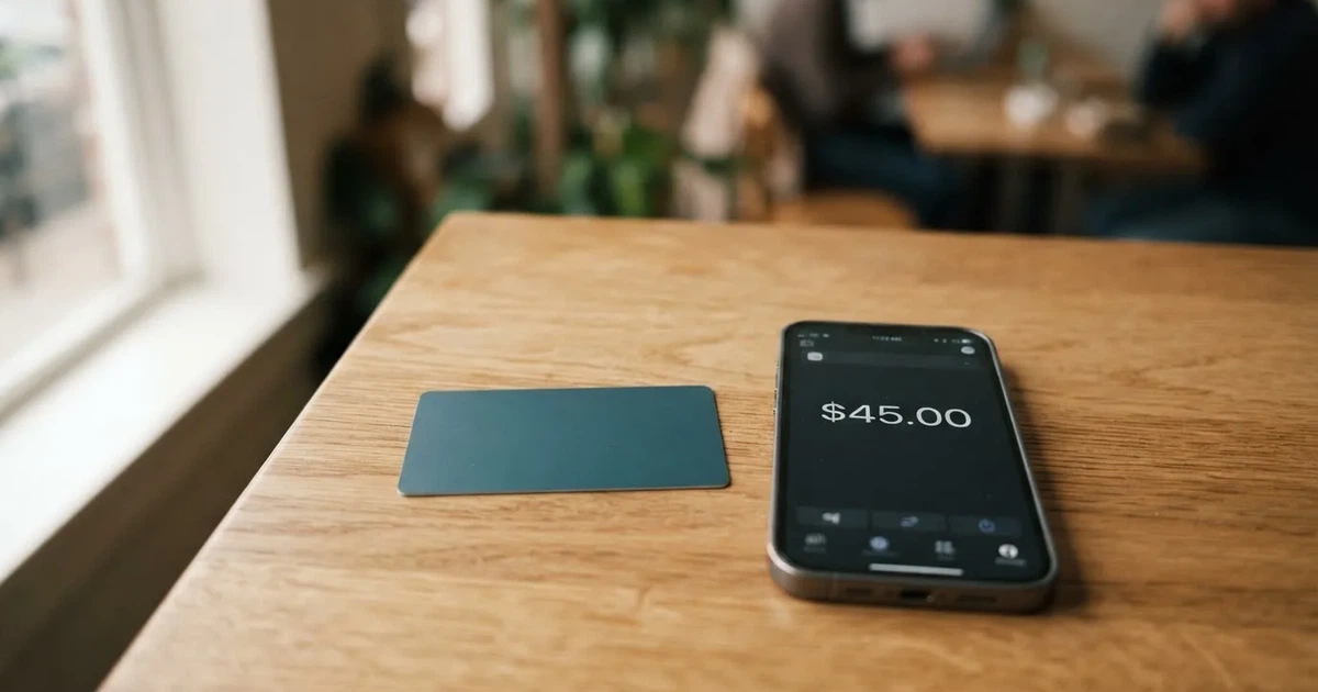 A payment card next to a phone with a crypto wallet app open