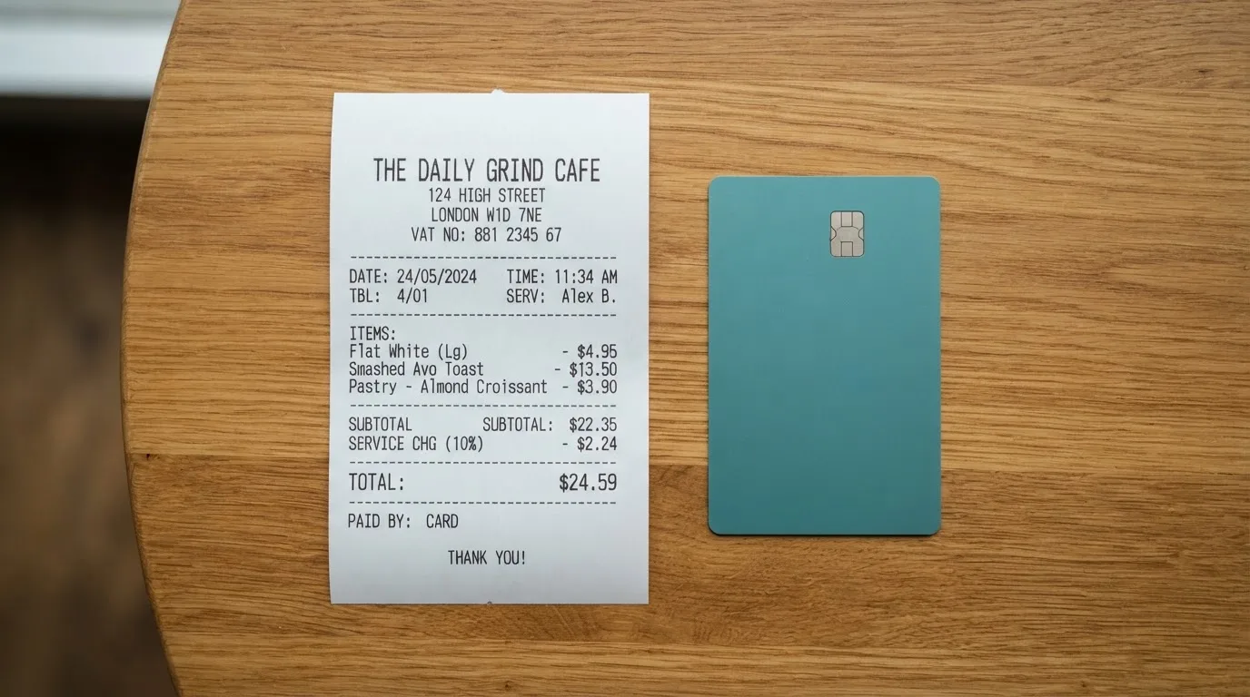 A receipt and a card on a café table