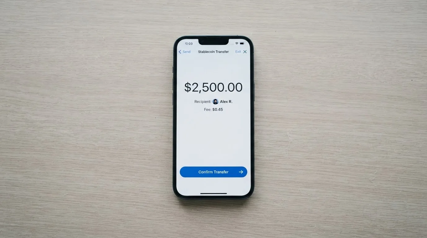 A phone showing a stablecoin transfer screen