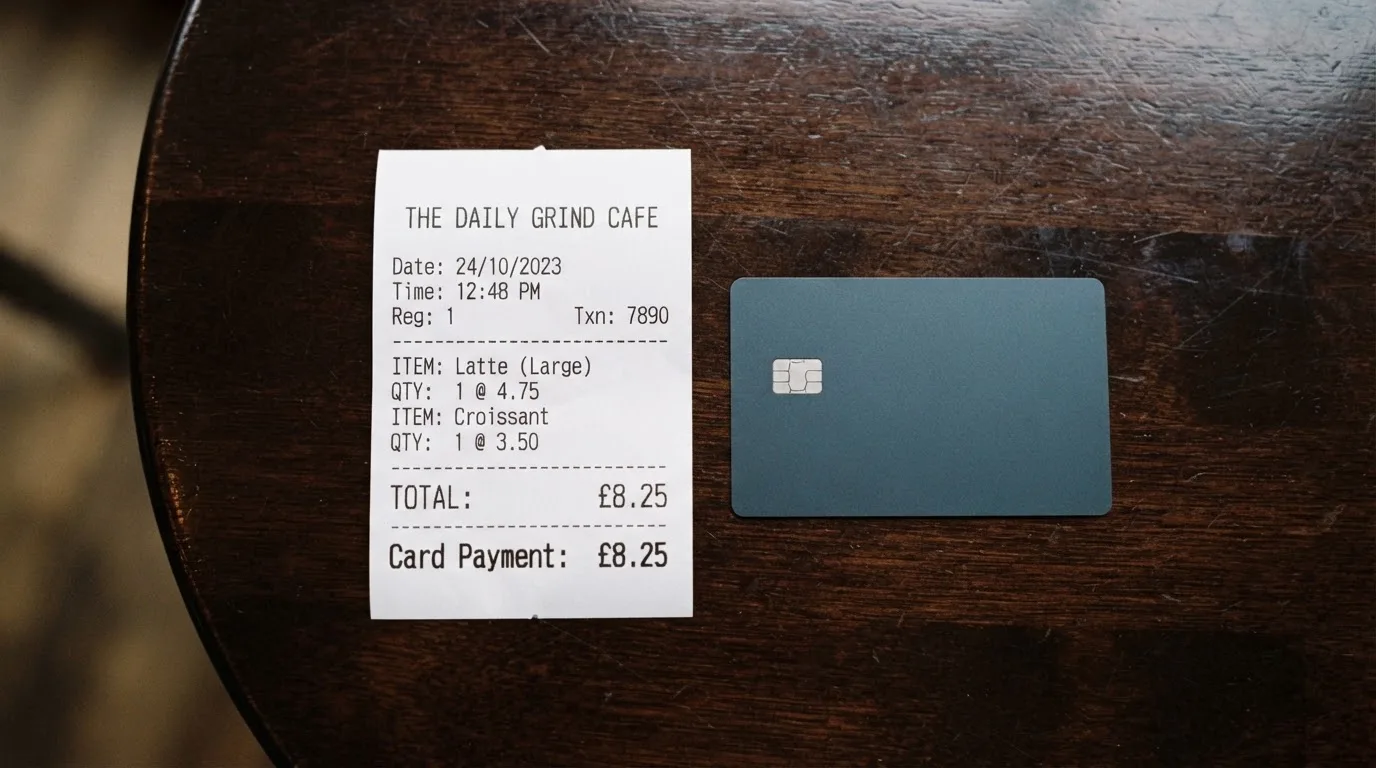A receipt and a card on a café table