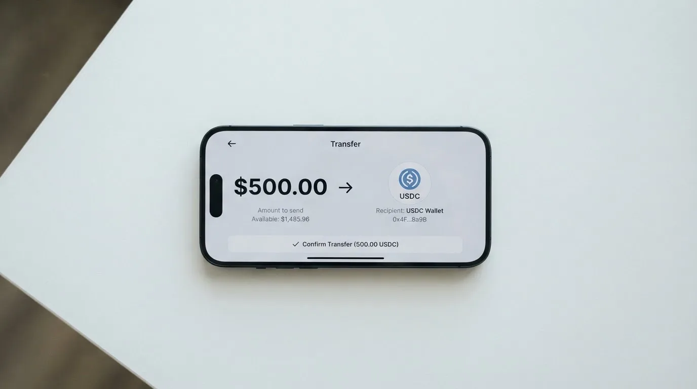 A phone showing a stablecoin transfer screen