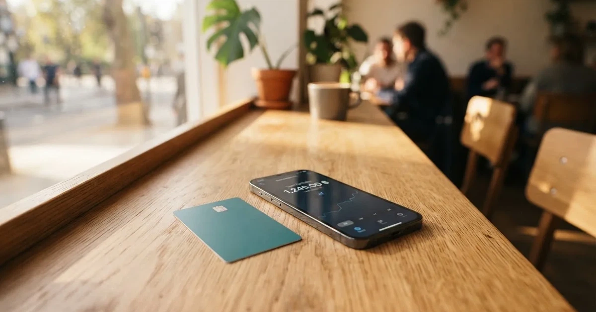 A payment card next to a phone with a crypto wallet app open