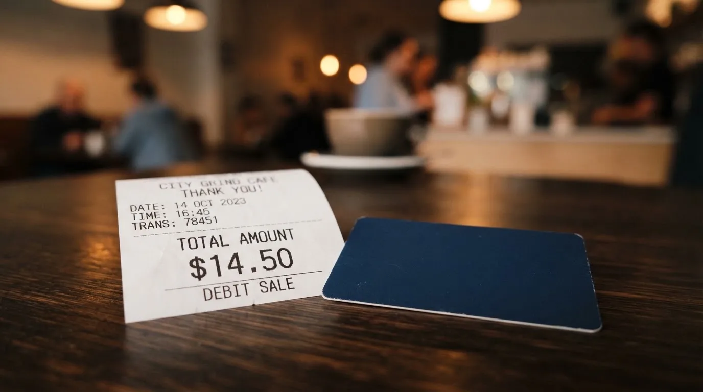 A receipt and a card on a café table