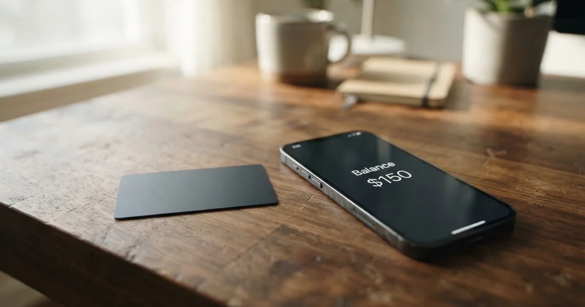 A payment card next to a phone with a crypto wallet app open