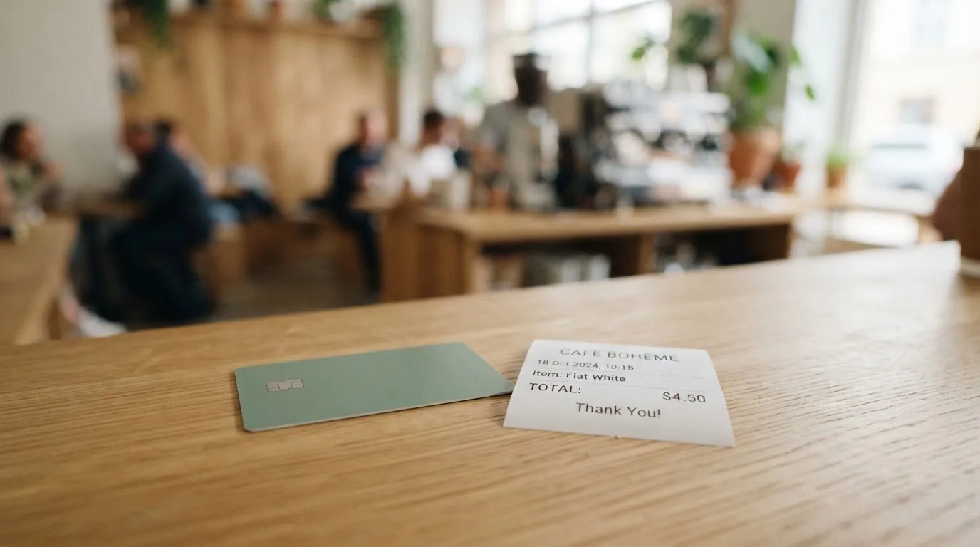 A receipt and a card on a café table