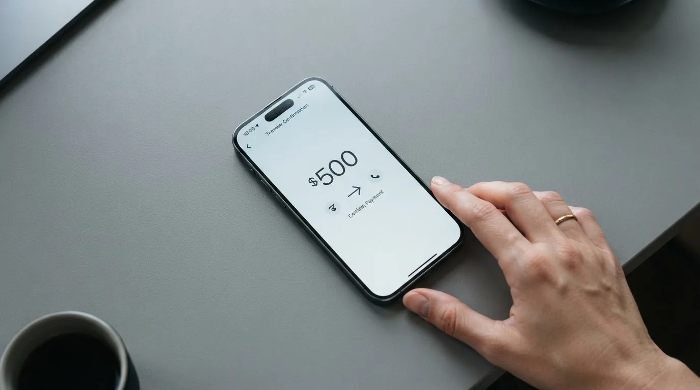 A phone showing a stablecoin transfer screen