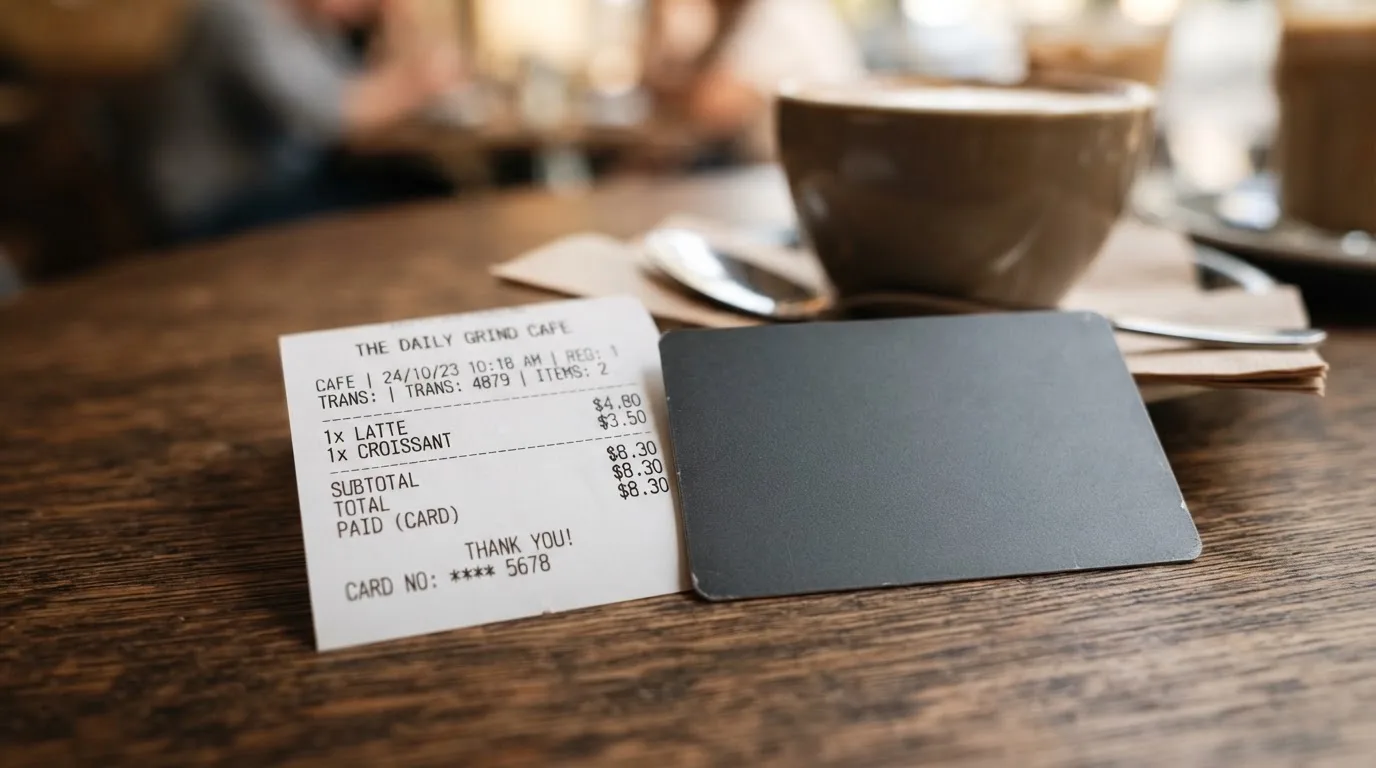 A receipt and a card on a café table
