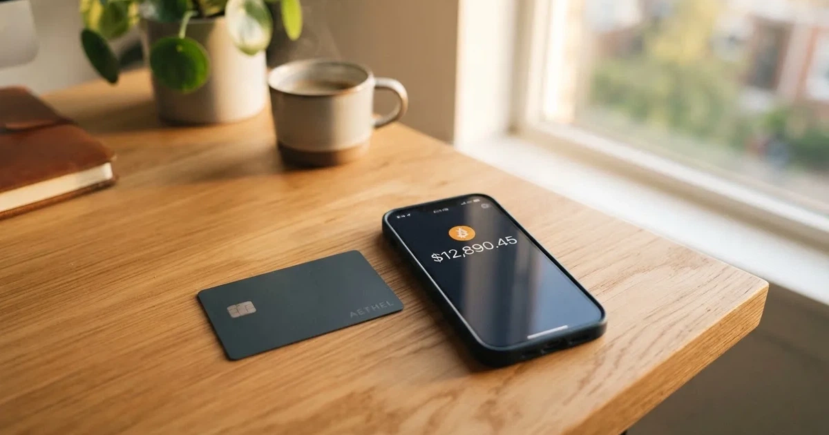 A payment card next to a phone with a crypto wallet app open