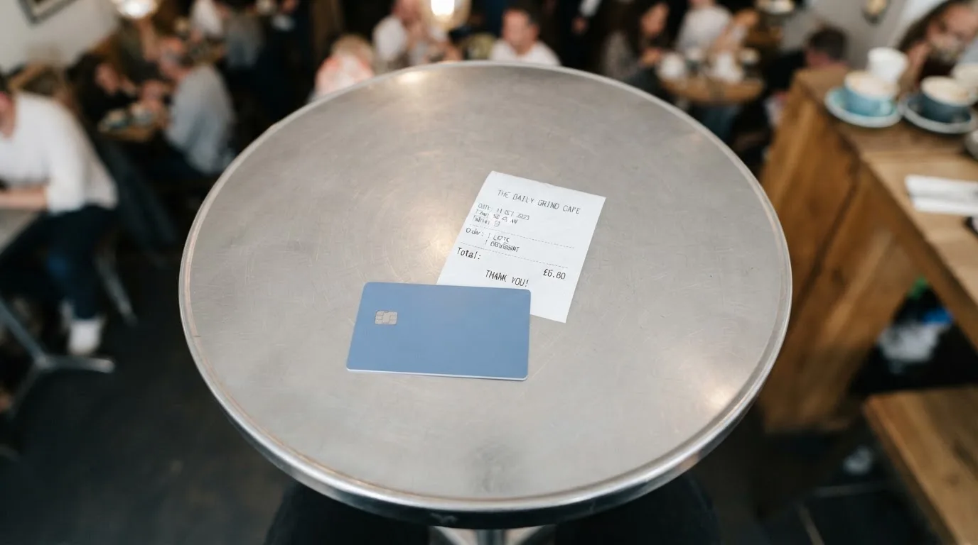 A receipt and a card on a café table