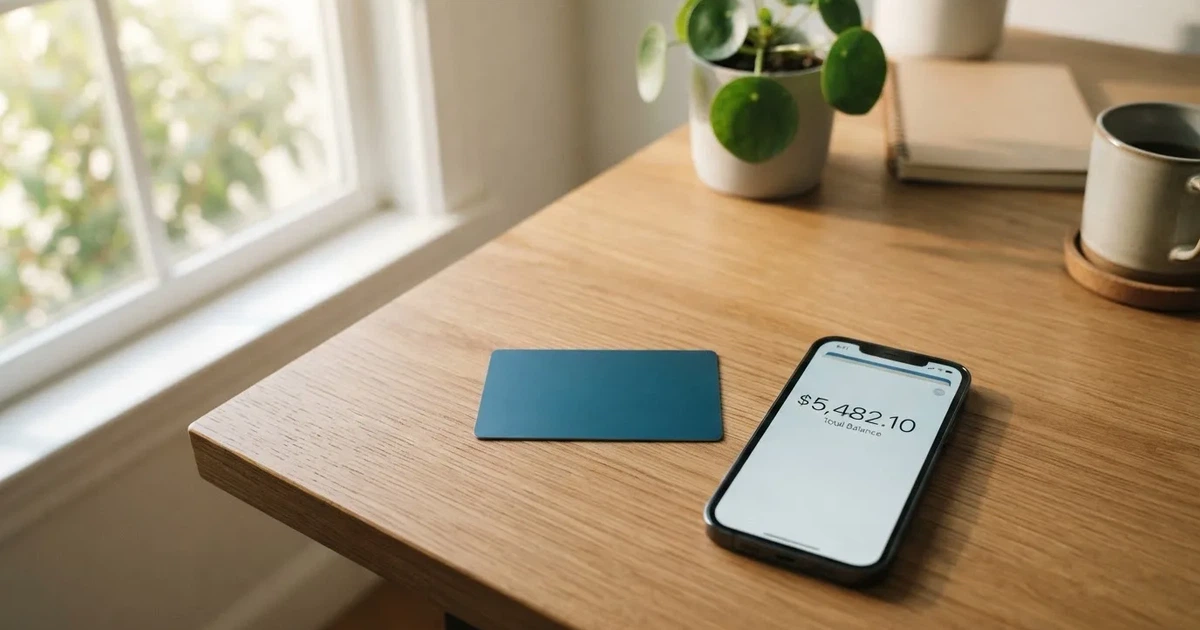 A payment card next to a phone with a crypto wallet app open