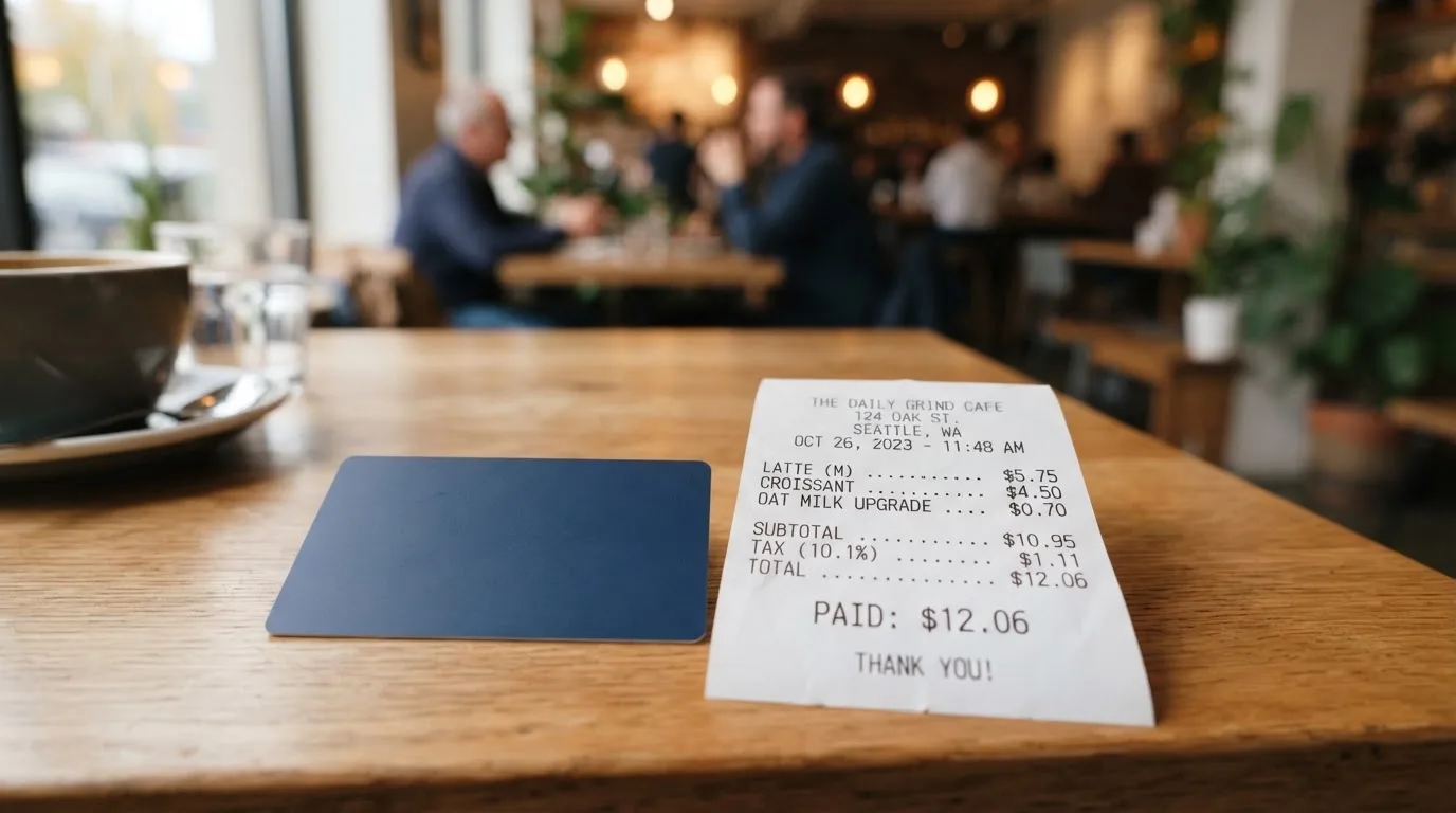 A receipt and a card on a café table