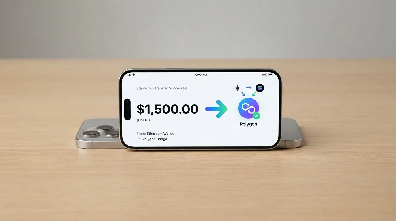 A phone showing a stablecoin transfer screen