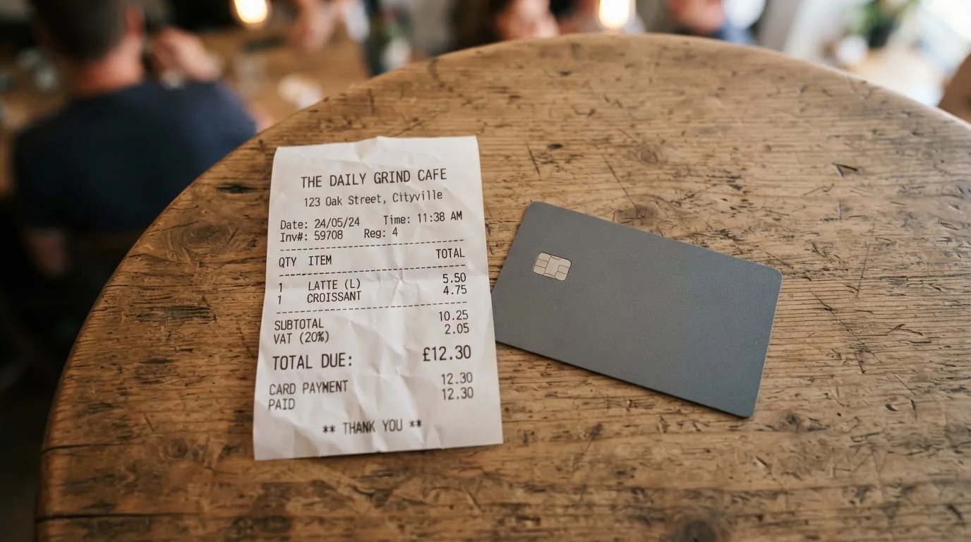 A receipt and a card on a café table