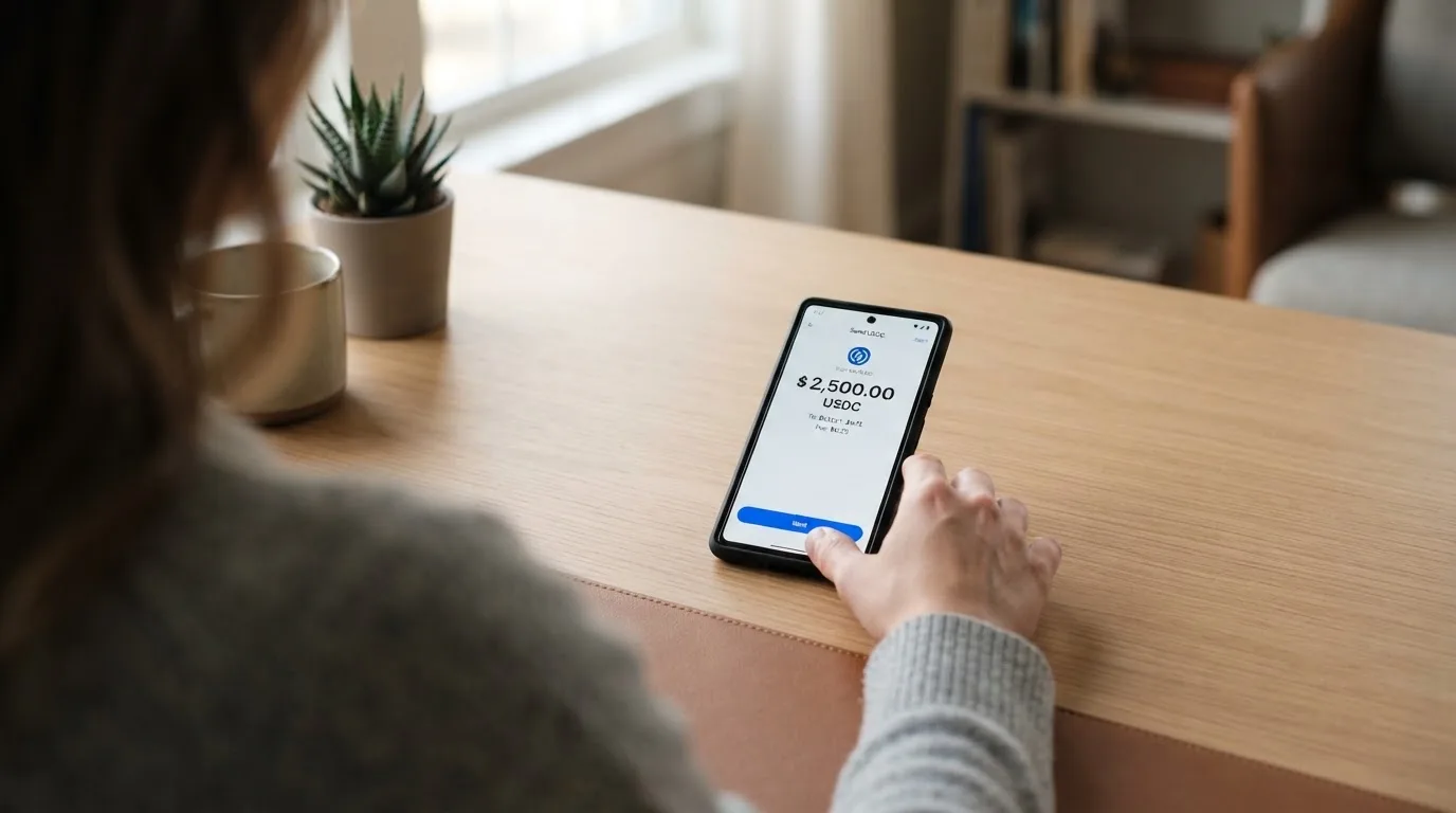 A phone showing a stablecoin transfer screen
