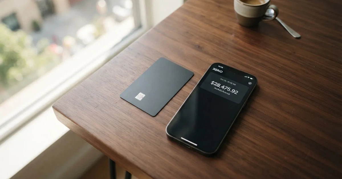 A payment card next to a phone with a crypto wallet app open