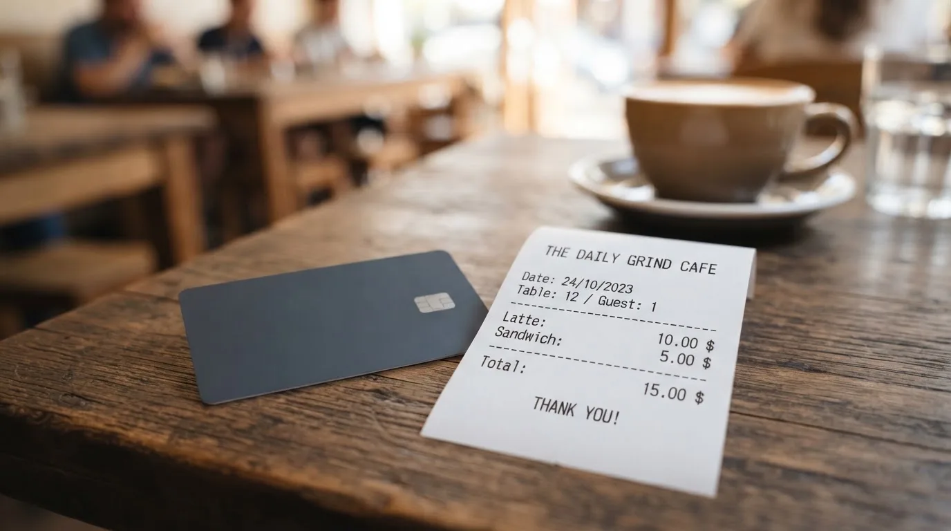 A receipt and a card on a café table