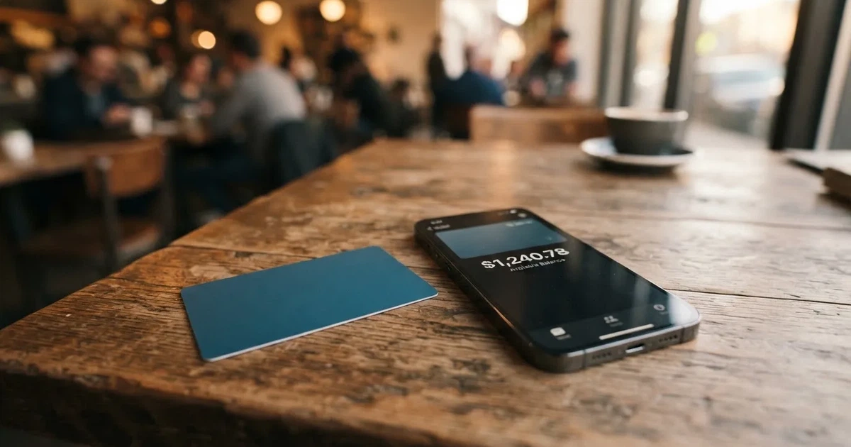 A payment card next to a phone with a crypto wallet app open