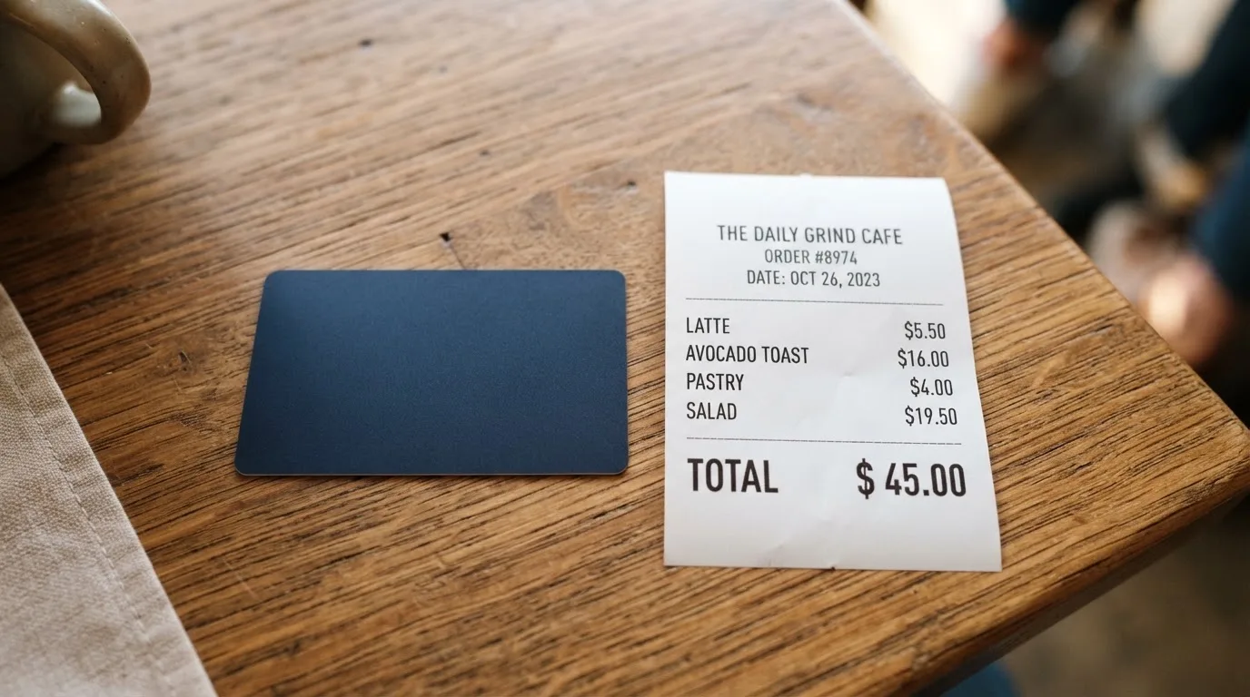 A receipt and a card on a café table