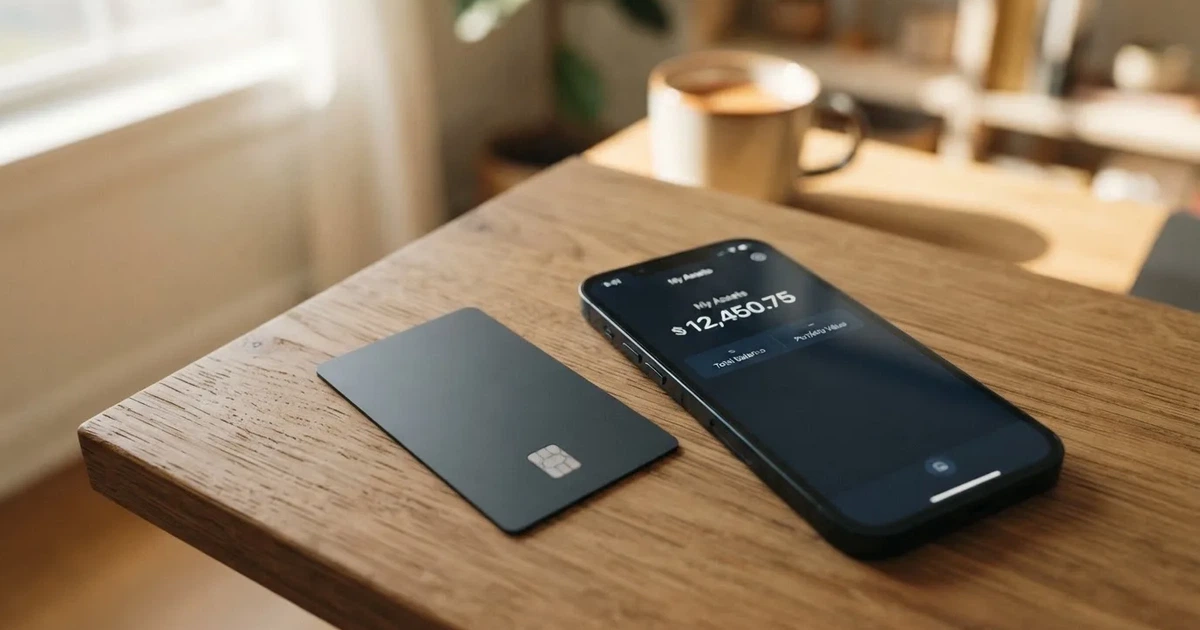 A payment card next to a phone with a crypto wallet app open