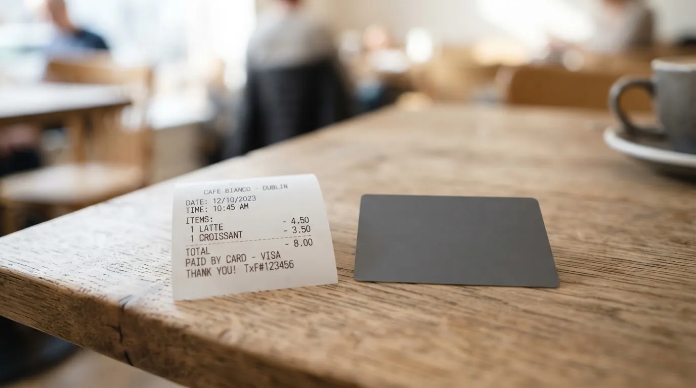 A receipt and a card on a café table