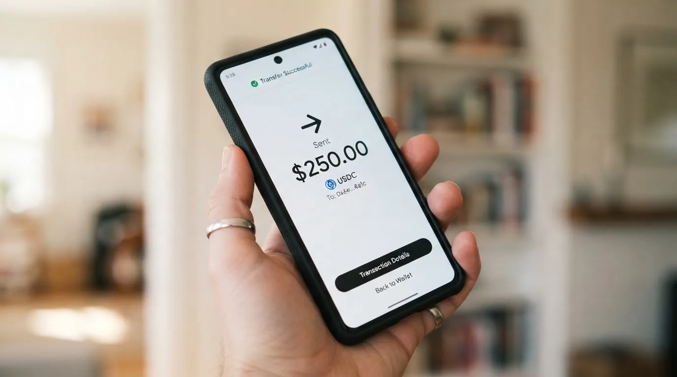 A phone showing a stablecoin transfer screen