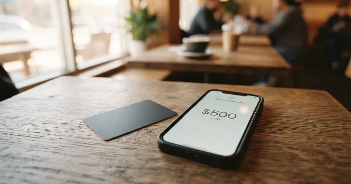 A payment card next to a phone with a crypto wallet app open