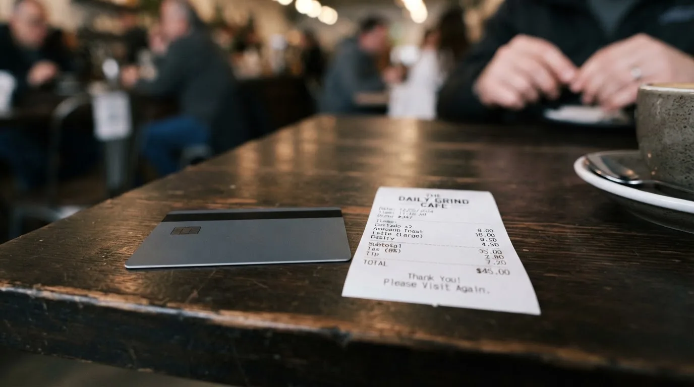 A receipt and a card on a café table