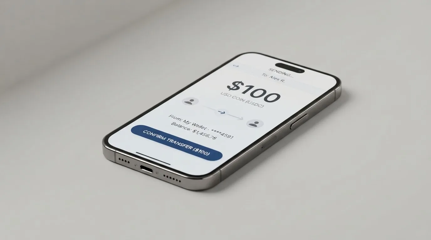 A phone showing a stablecoin transfer screen