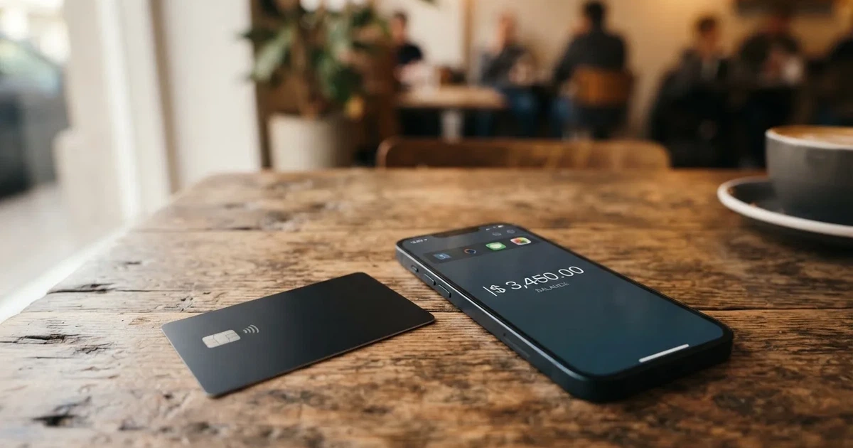 A payment card next to a phone with a crypto wallet app open