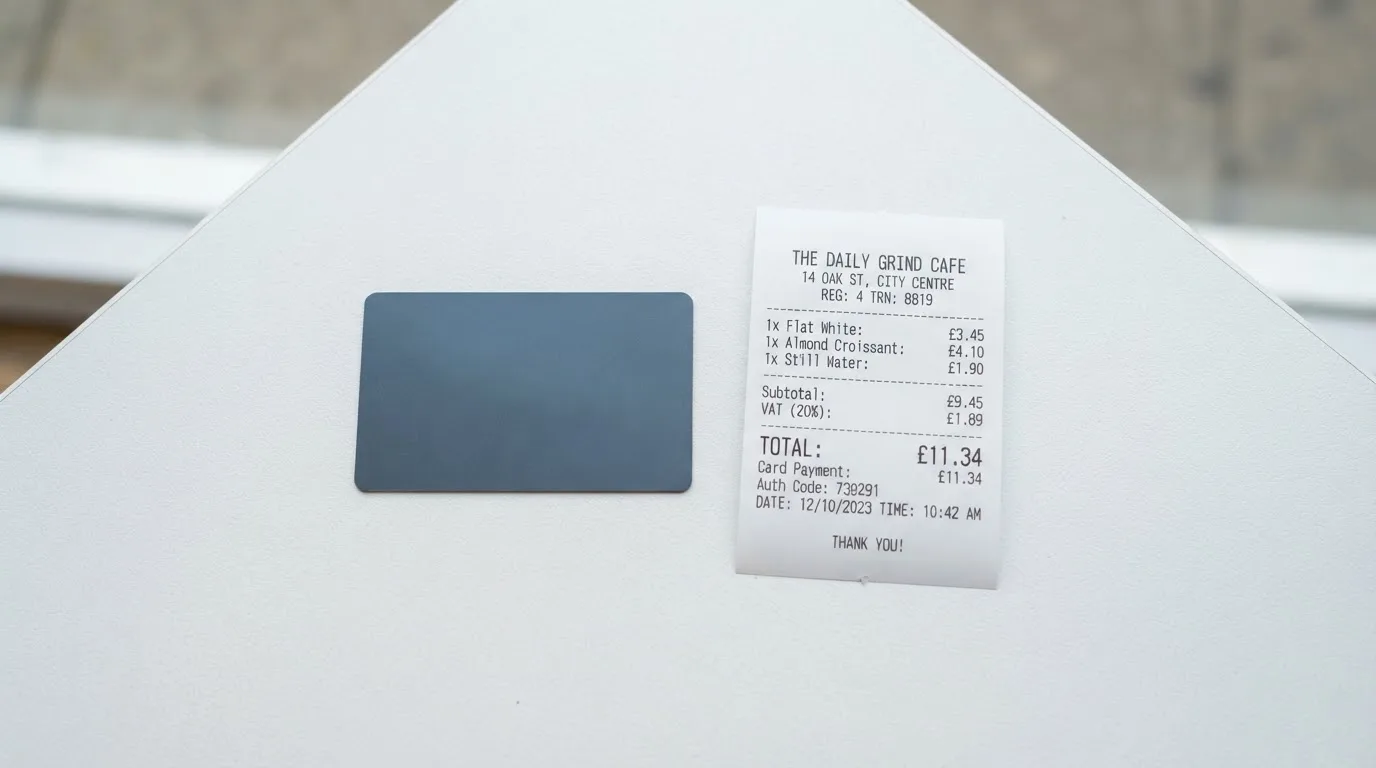 A receipt and a card on a café table
