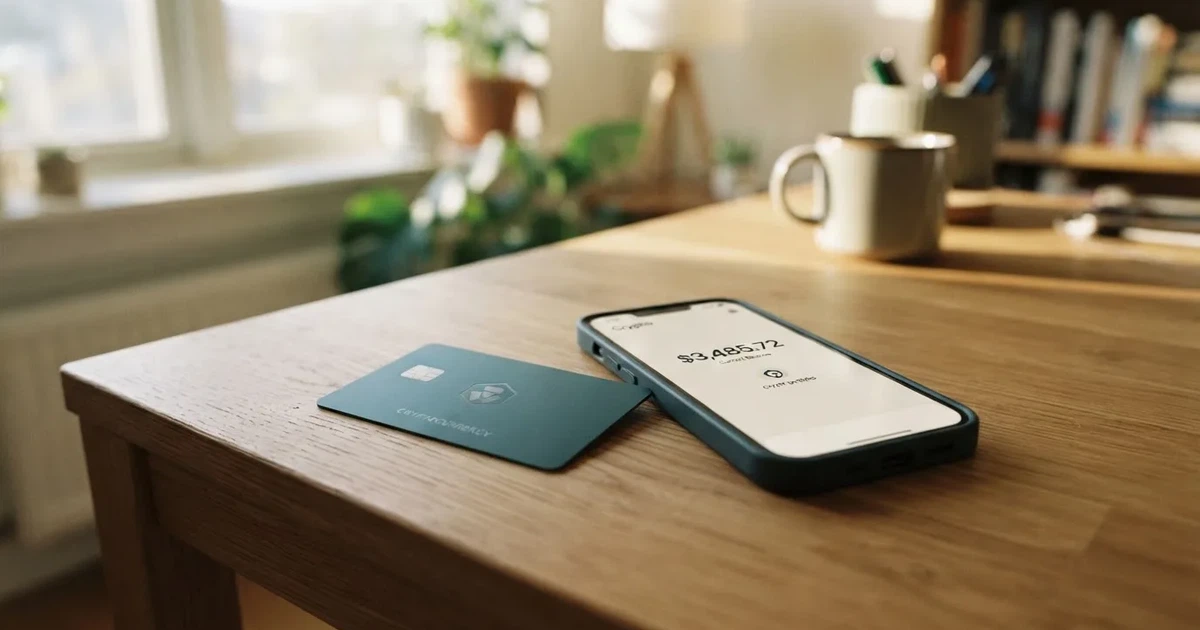 A payment card next to a phone with a crypto wallet app open