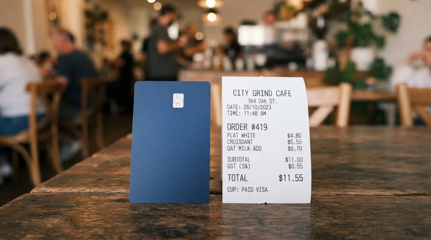 A receipt and a card on a café table