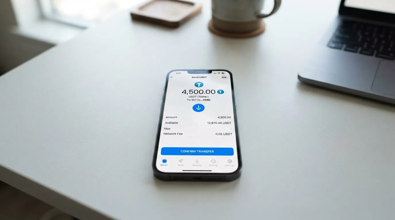 A phone showing a stablecoin transfer screen