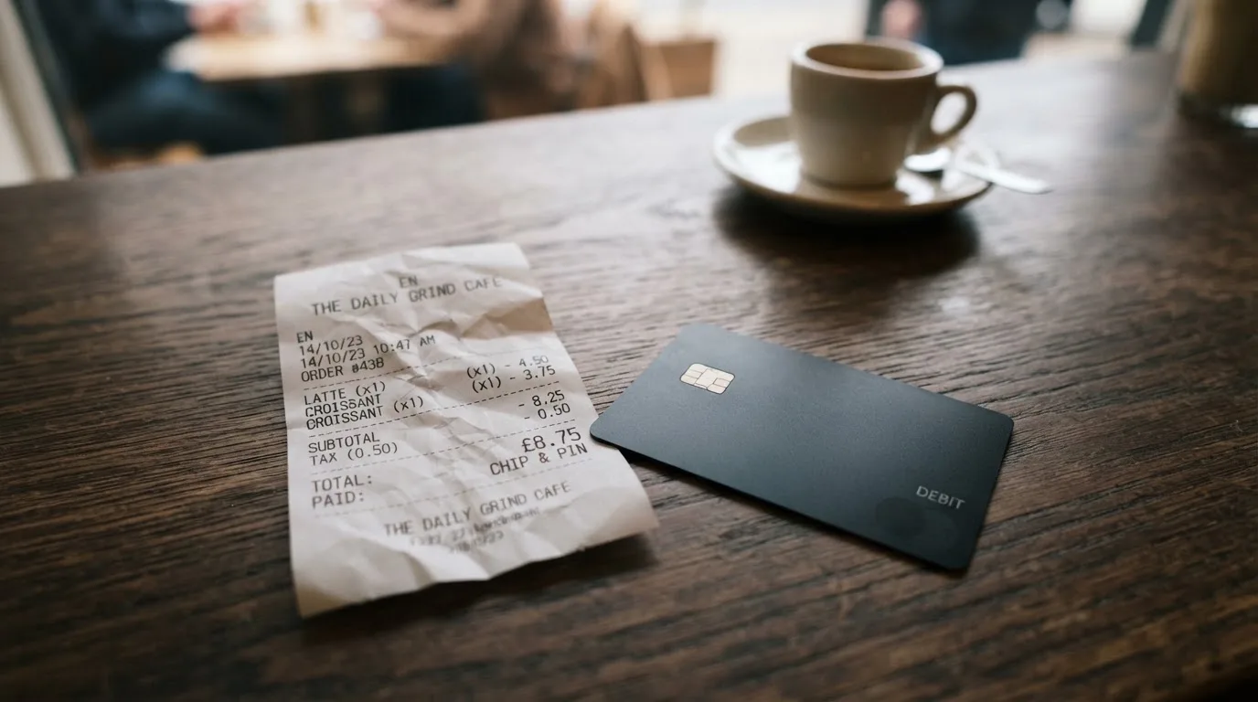 A receipt and a card on a café table