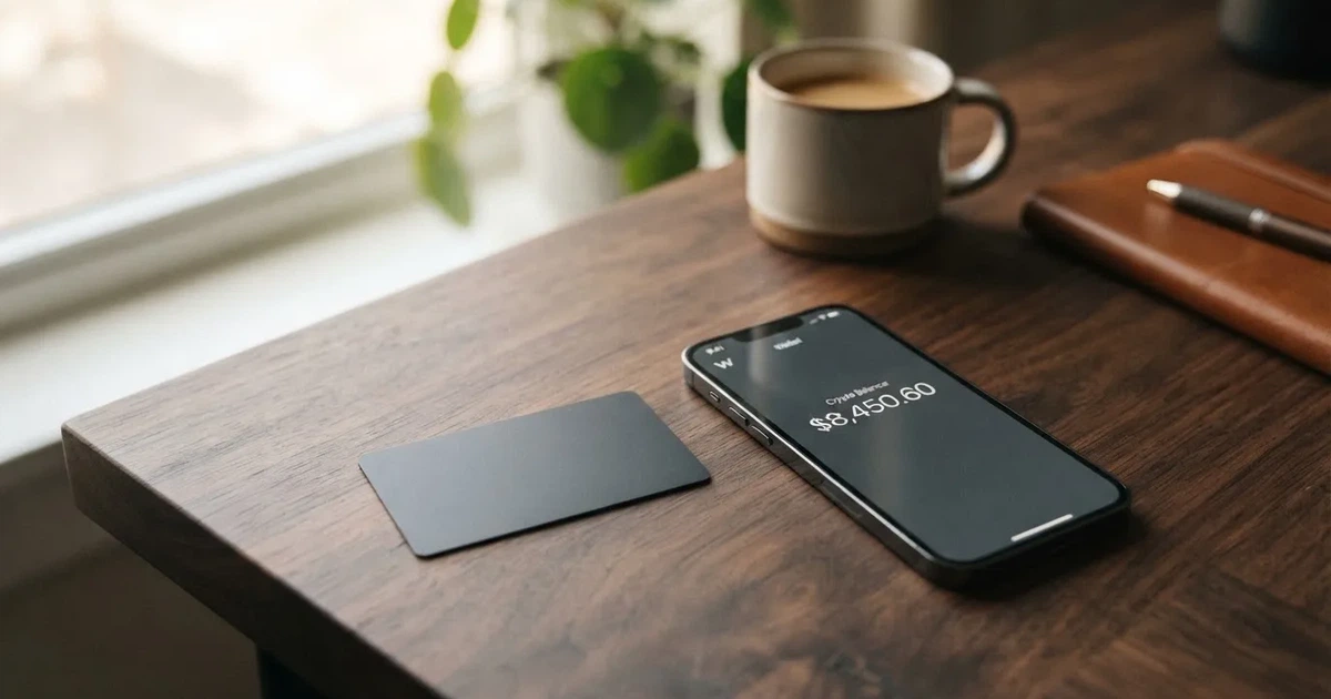 A payment card next to a phone with a crypto wallet app open