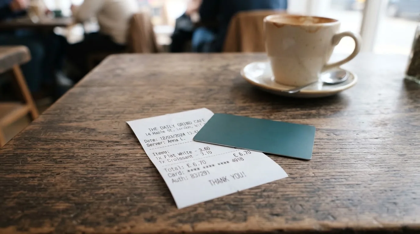 A receipt and a card on a café table