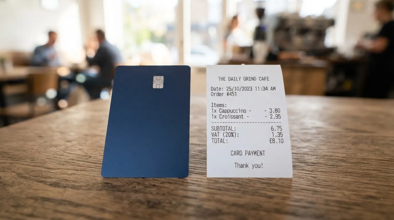 A receipt and a card on a café table